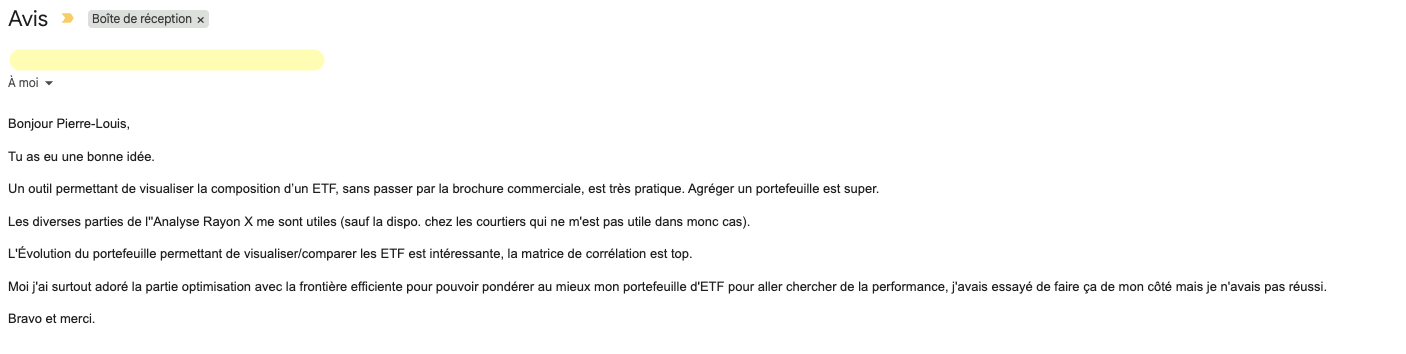 Retour d'un utilisateur de ScanETF reçu par email