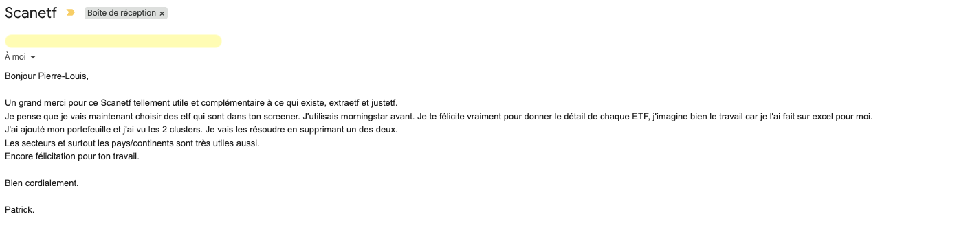Retour d'un utilisateur de ScanETF reçu par email