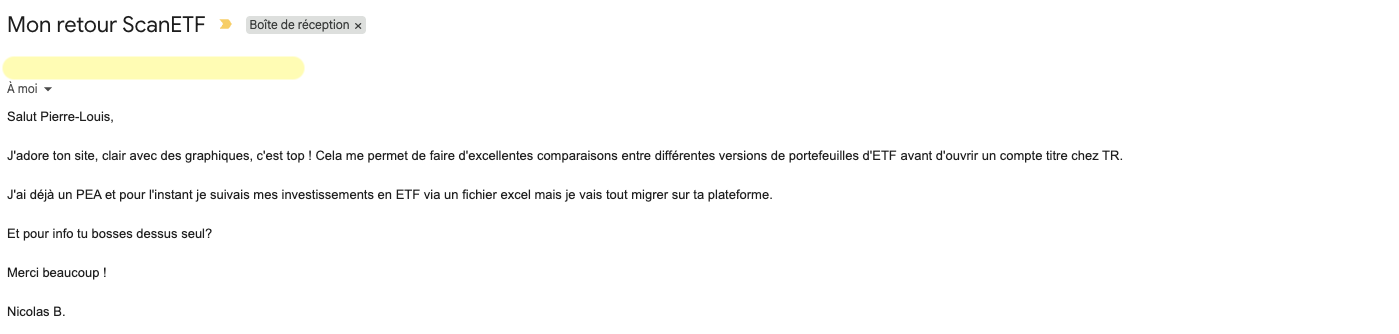 Retour d'un utilisateur de ScanETF reçu par email