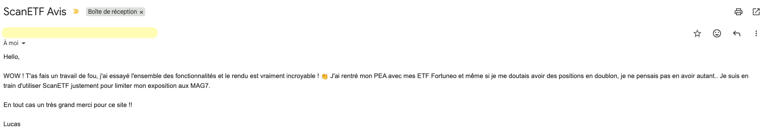 Retour d'un utilisateur de ScanETF reçu par email